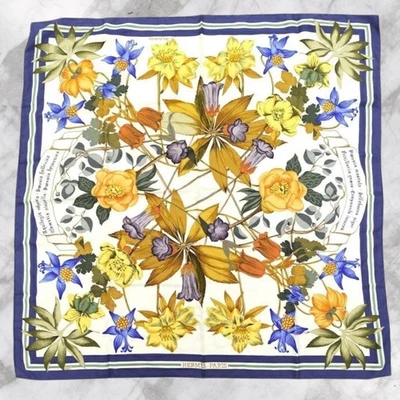 Hermes Carré 90 Fleurs d'Hellade Scarf Shawl Blue White Multicolor USED FS JAPAN - Image 1 of 4