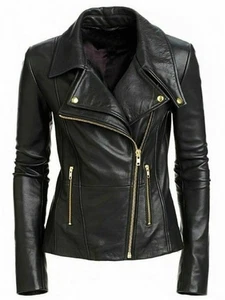 Women's Black Slim Fit Motorbike Jacket Real Cowhide Leather Riding Biker Jacket - Picture 1 of 3