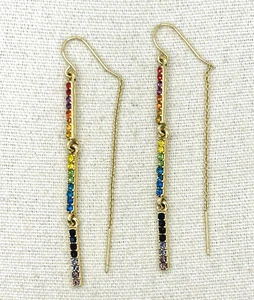 Multi Color Rainbow Rhinestone Gold Plated Pull Through Threader Drop Earrings - Picture 1 of 18