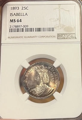 1893 NGC MS64 PQ Isabella Commemorative  Silver 25c - Image 1 of 4