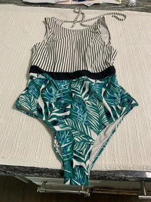 Traje de baño de una pieza para mujer negro a rayas verde hojas tropicales talla XL nuevo Foto 1 de 4