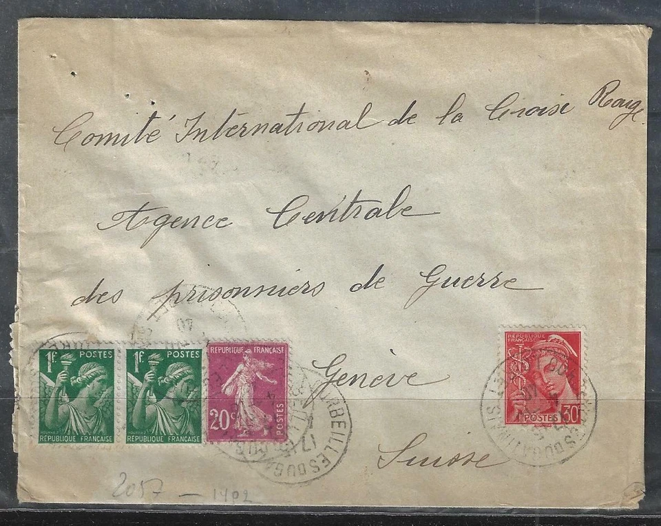 FRANCE 1940 WWII NAZI CENSORED COVER TO THE RED CROSS IN GENEVA SWITZERLAND - Image 1 of 2