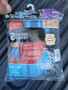 2 Pair Hanes Mens Tagless Boxers Med 32-34 Plaid Blue W/Wicking Cool Fabric - A5 - Imagen 1 de 2