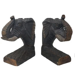 Hand Carved Solid WOOD Large Elephant Bookends Pyrography 9.5 inches tall - Picture 1 of 13