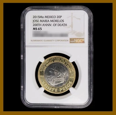 Moneda de 20 pesos de México, 200 años bimetálica 2015. de la muerte de Morelos NGC MS 65 Foto 1 de 2