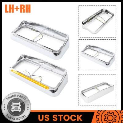 2PCS Chrome Headlight Bezels Amber LED For Kenworth T600 T800 Peterbilt 379 - Image 1 of 4