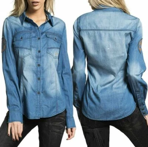 AFFLICTION Women's Long Sleeve Button Down Shirt BLUE DAWN Embroidered - Picture 1 of 12