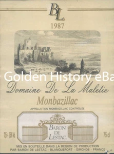 VINTAGE FRENCH FRANCE WINE LABEL BL 1987 DOMAINE DE LA MALETIE MONBAZILLAC  - Foto 1 di 2