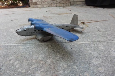 1930s MARX US Navy Pressed Steel 4 Engine Sea Plane w Wood Wheels 14.5" Wing Spn - Image 1 of 4