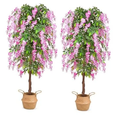 Plantas de árbol artificiales de 6 pies, árbol de glicinia falso con cesta tejida de pastos marinos para 2 Foto 1 de 4