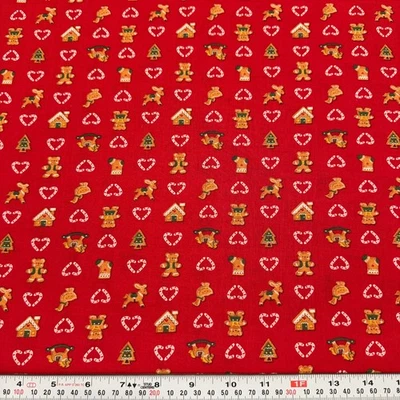 Vtg Cranston Candy Cane Hearts Gingerbread Cookies Red Cotton by the HALF YARD - Image 1 of 2