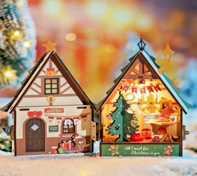 DS036 Robotime Twinkling Christmas House DIY Wooden Bloom Craft 3D Puzzle - Image 1 of 4
