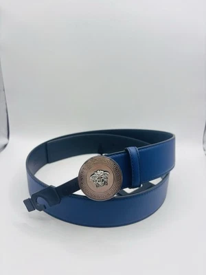 Versace Plateado Medusa-Hebilla Cinturón Cuero Azul 110(44) Italia Nuevo con Etiquetas $600 Auténtico Foto 1 de 4