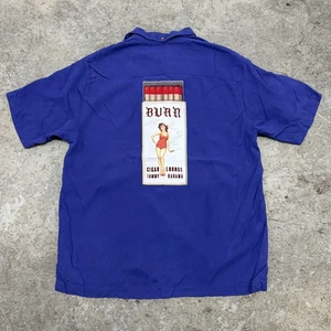 Tommy Bahama Shirt Mens Medium Blue Silk Camp Cigar Lounge Burn Pinup Graphic - Picture 1 of 11