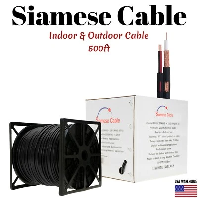 500ft RG59 Siamese 20AWG Cable Coaxial + 18/2 Security Camera Wire - Bulk Black - Image 1 of 4