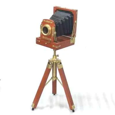 Antique Style Vintage Folding Camera With Wooden Tripod Stand Floor Camera Decor - Photo 1/4