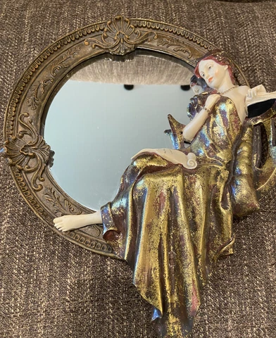 Vintage Art Nouveau Deco Wall Mirror w/ Women in Gold Cover