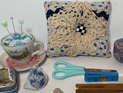 3 Sewing Pin cushions 1 Ring 1 Teacup Notions Tins Tape Measure 171 - Image 1 of 4