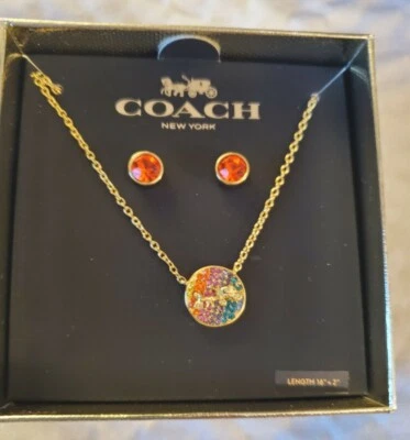 ❤️Coach Oro Arco Iris Pave' Cristal Collar Fucsia Aretes Conjunto de Regalo ❤️💕 Foto 1 de 4