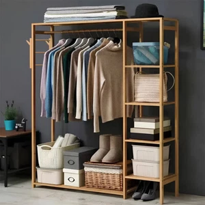 Wooden Clothes Rail Garment Rack Hanging Coat Stand Storage Shelves W/Side Hooks - Picture 1 of 12