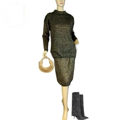 JUEGO DE FALDA Y SUÉTER DE PUNTO DORADO Y GRIS MATHIAS VINTAGE CIRCA 1990 NUEVO CON ETIQUETAS TALLA PL Foto 1 de 4