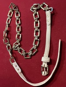 WHITE LEATHER Chains GOLDEN Belt Shiny Square Links Thin 1/2” Belt 35-39” waist - Picture 1 of 12