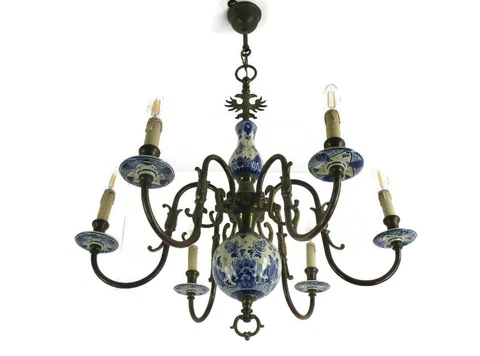 L Dutch Delft Blue White Chandelier Porcelain Ornate Brass 6 Light Arm Stunning Cover