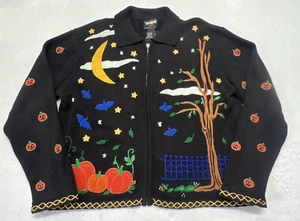 Vintage Halloween Pullover L Strickjacke Reißverschluss Vogelscheuche Kürbis JackO Laterne bestickt - Bild 1 von 17