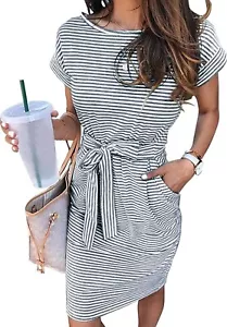 Womens Summer Striped Short Sleeve T-shirt Dress, Tie Waist, Pockets, Medium,... - Picture 1 of 8