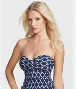 NWT ROBIN PICCONE Navy Ikat Twist Ruched One-Piece Bandeau Swimsuit Size 8 $126 - Picture 1 of 20