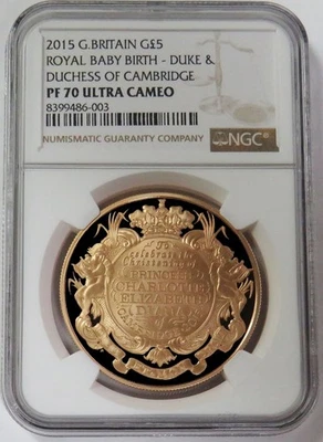 2015 GOLD 350 MINTED GREAT BRITAIN ROYAL BABY CHRISTENING 5 POUNDS NGC PF 70 UC - Image 1 of 2