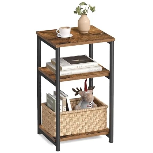 VASAGLE Tall Side Table End Table with Storage Shelves 3-Tier Slim Table Stee...