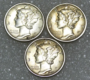 1925, 1929-S x 2 Mercury Dime XF lot of 3 coins with Luster in saflip #C181 - Picture 1 of 2