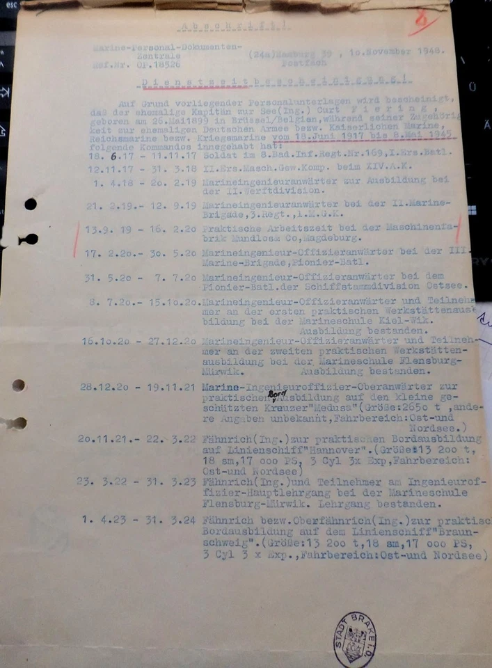 Dienstzeit Dokument Kriegsmarine Kreuzer EMDEN Graf Spee Lebenslauf Feldpost e26 - Bild 1 von 1