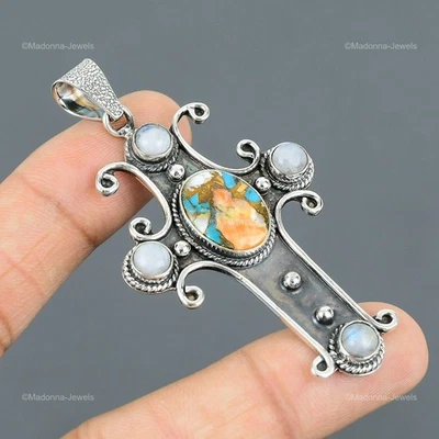 Oval Natural Spiny Oyster Copper Turquoise Wife Bezel Pendant Jewelry 925 Silver - Image 1 of 4