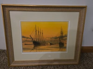 Earle Barlow, Watercolor painting, Harbor with Windjammers, Framed, 1976 - Picture 1 of 5
