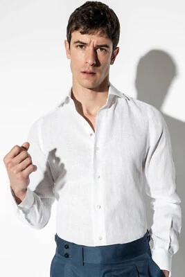 Camisa de vestir Isaia Napoli Leuca Mix | Blanca | 100 % lino | PVP £600 Foto 1 de 4