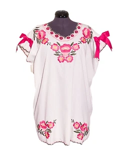 Mexiko Handarbeit Huipil Bluse Tunika 100% Baumwolle bestickt Blumen Schleifen XL - Bild 1 von 8