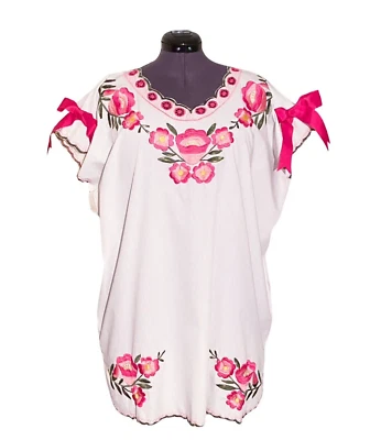 Blusa túnica Huipil hecha a mano en México 100 % algodón bordada flores lazos XL Foto 1 de 4
