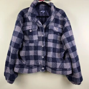 Democracy Sz XL Blue Plaid Sherpa Teddy Bear Cropped Button Up Jacket - Picture 1 of 5