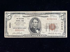 1929 $5 HAZLETON NATIONAL BANK HAZLETON PA NATIONAL CURRENCY Ch# 4204 - Picture 1 of 7