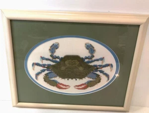 Cross Stitch Crab, Green, Professionally Framed, Double Matted, 15" x 12" - Picture 1 of 4