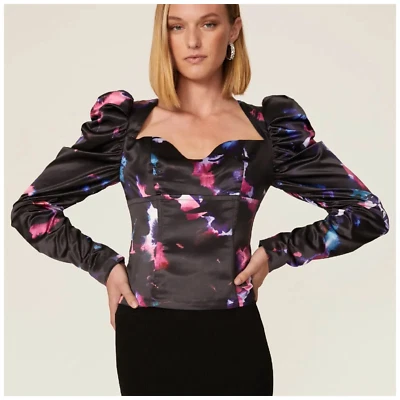 Badgley Mischka Rent the Runway Printed Bustier Top Satin Black in 0 2 4 6 8 - Image 1 of 4