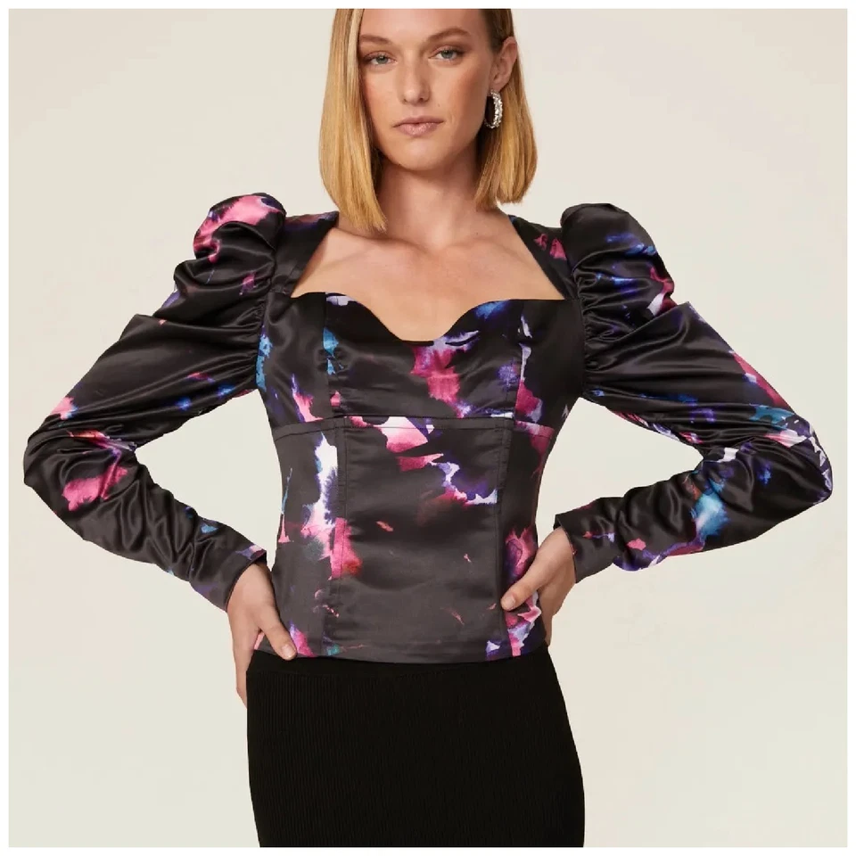 Badgley Mischka Rent the Runway Printed Bustier Top Satin Black in 0 2 4 6 8 - Image 1 of 4