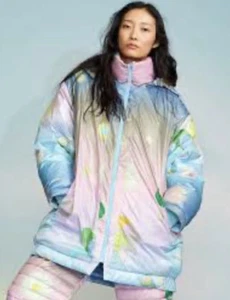 Anthropologie Cynthia Rowley Cosmo Puffer Jacket Hood Rainbow Floral Pink S NEW - Picture 1 of 8