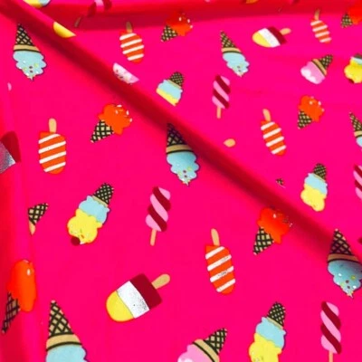 Spandex Fabric Ice Cream Hot Pink Background Print Stretch 60"wSwimsuit By Yard - Image 1 of 4