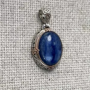 Natural Oval Kyanite Balinese Scrollwork Floral Two Tone Sterling Silver Pendant - Picture 1 of 4