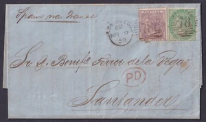1859 1/- Green SG71 + 6d Lilac SG65 London to Santander Spain VFU - Picture 1 of 2