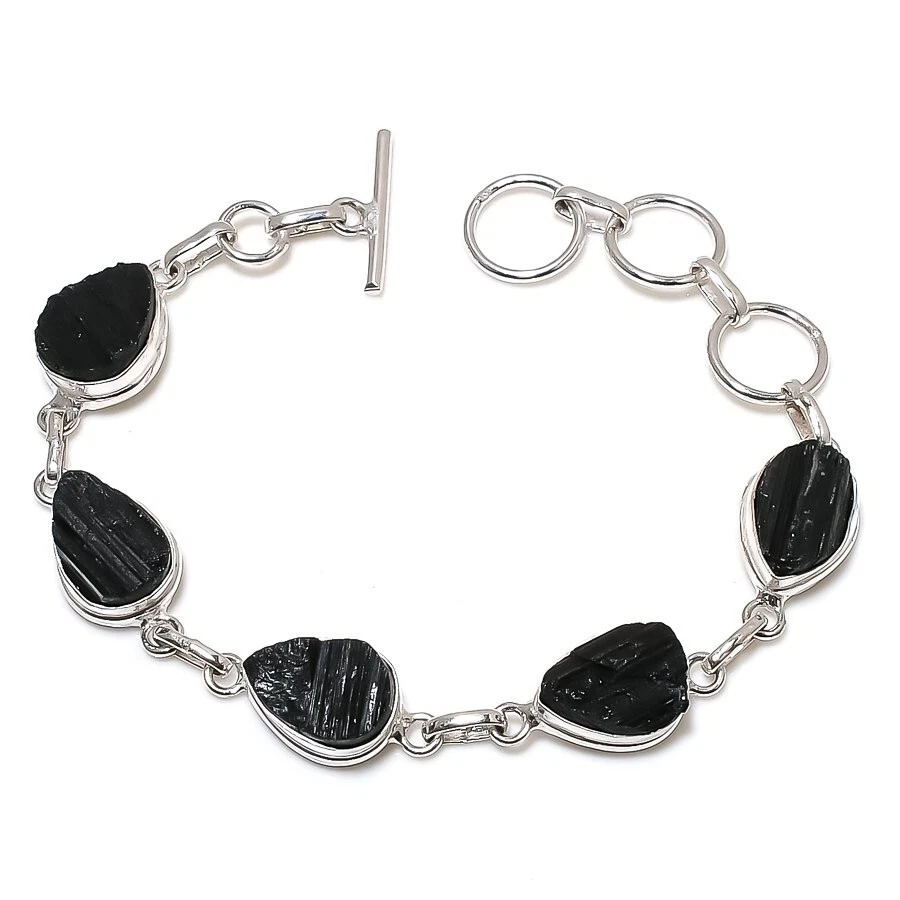 Black Tourmaline Gemstone Handmade 925 Sterling Silver Bracelet Size 7-8" - Image 1 of 1