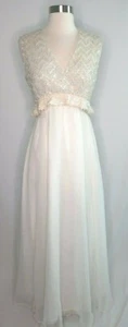 Vtg Miss Elliette Ivory White Sequin Chiffon Plunge Bridal Prom Evening Dress  8 - Picture 1 of 12